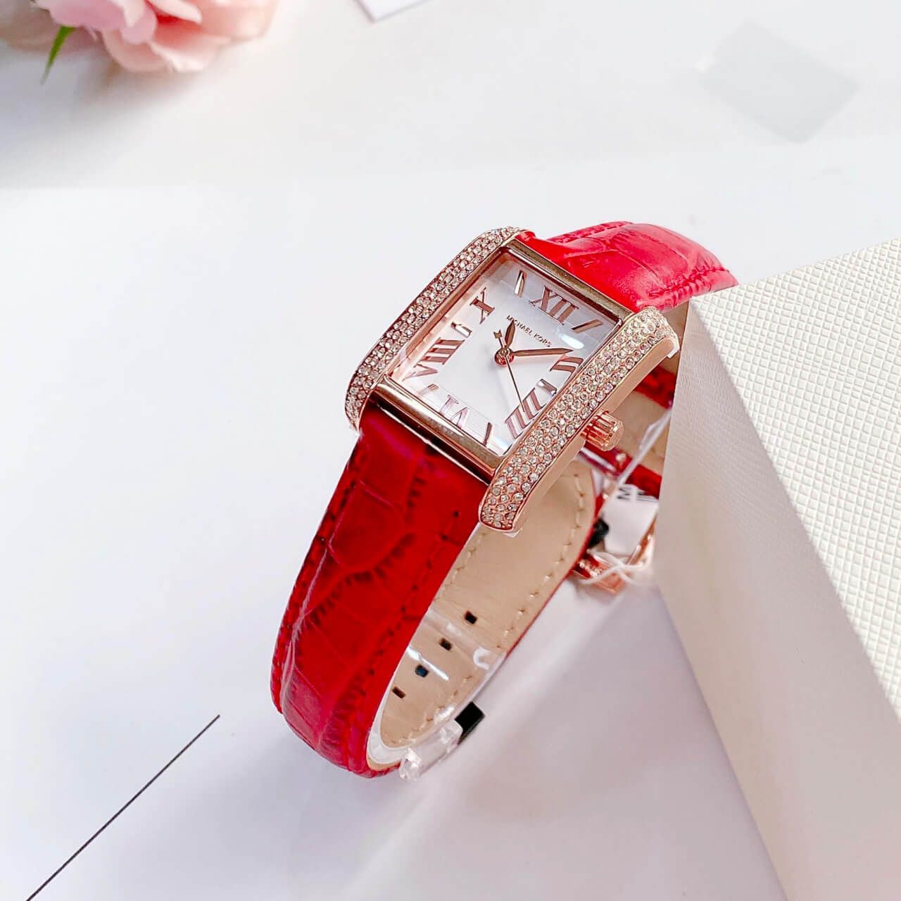 Michael Kors Emery Quartz Diamonds Silver Dial Red Leather Strap Watch For Women - MK4689