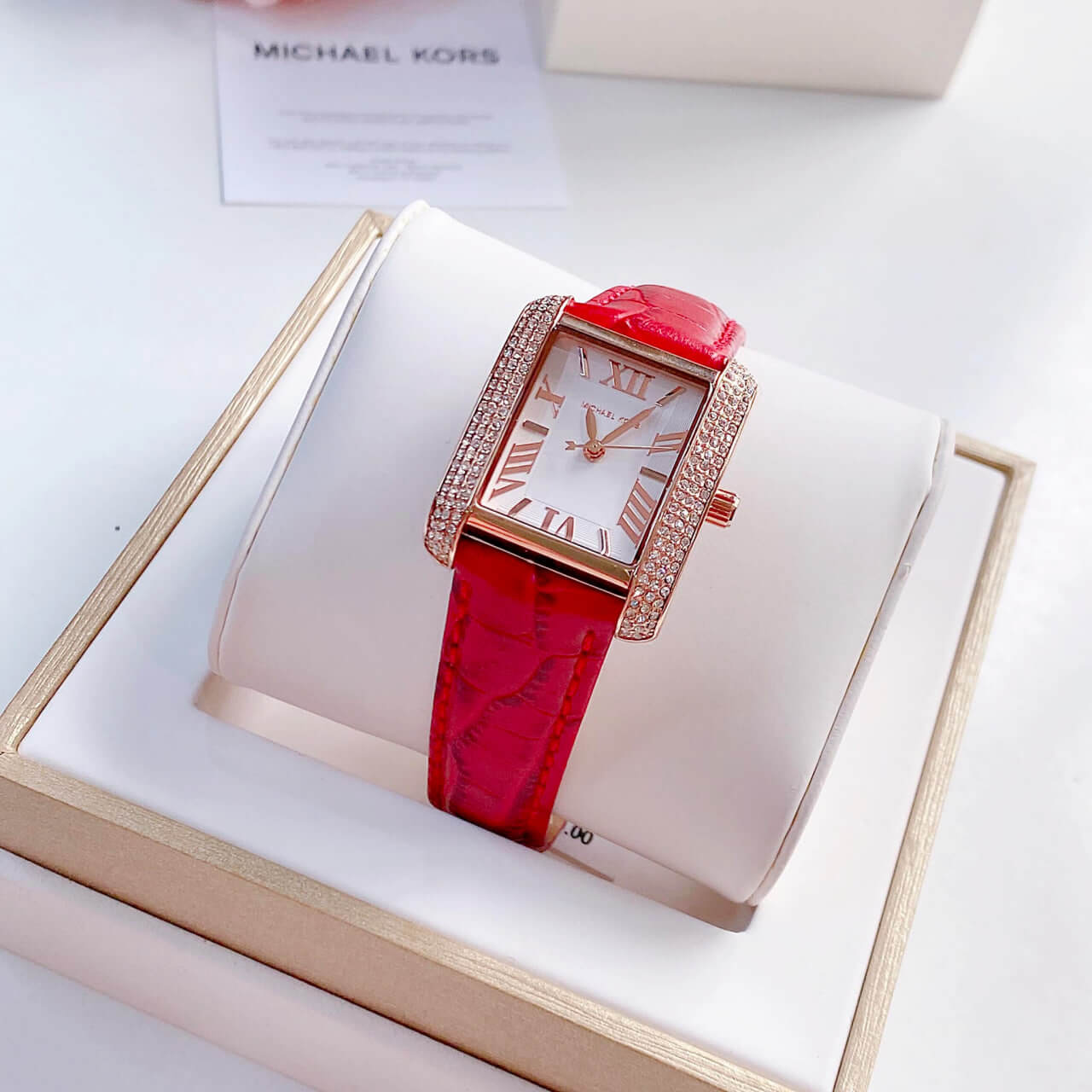 Michael Kors Emery Quartz Diamonds Silver Dial Red Leather Strap Watch For Women - MK4689