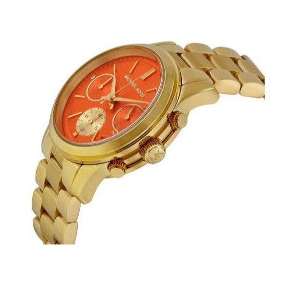 Michael Kors Runway Chronograph Orange Dial Gold Steep Strap Watch For Women - MK6162