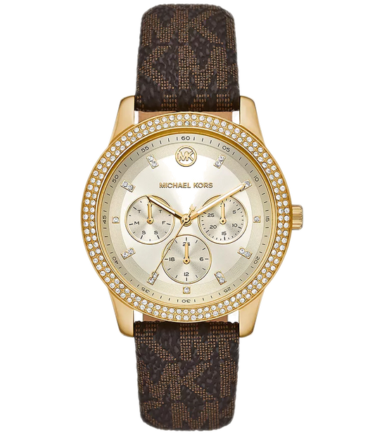 Michael Kors Tibby Multifunction Gold Dial Brown Leather Strap Watch For Women - MK6966