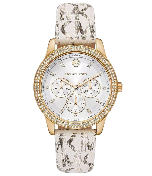 Michael Kors Tibby Multifunction Silver Dial White Leather Strap Watch For Women - MK6967