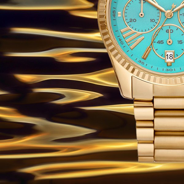 Michael Kors Lexington Chronograph Sky Blue Dial Gold Steel Strap Watch For Women - MK7216