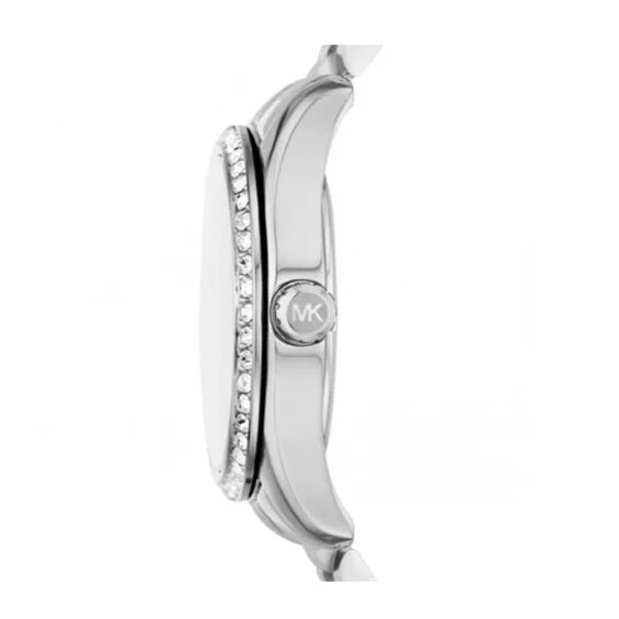 Michael Kors Lexington Lux Three Hand Mother of Pearl Silver Dial Silver Steel Strap Watch for Women - MK7445