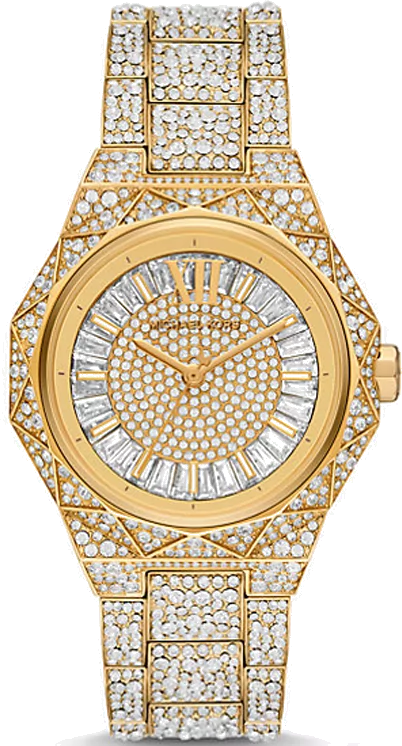 Michael Kors Raquel Three Hand Crystals Gold Dial Gold Steel Strap Watch For Women - MK7398