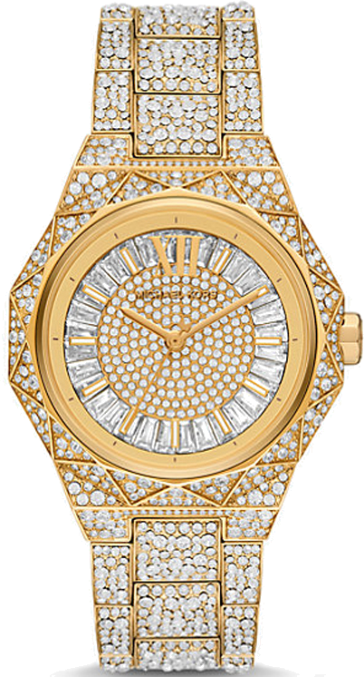 Michael Kors Raquel Three Hand Crystals Gold Dial Gold Steel Strap Watch For Women - MK7398