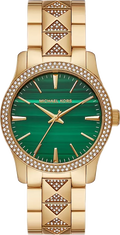 Michael Kors Runway Three Hand Green Dial Gold Steel Strap Watch For Women - MK7390