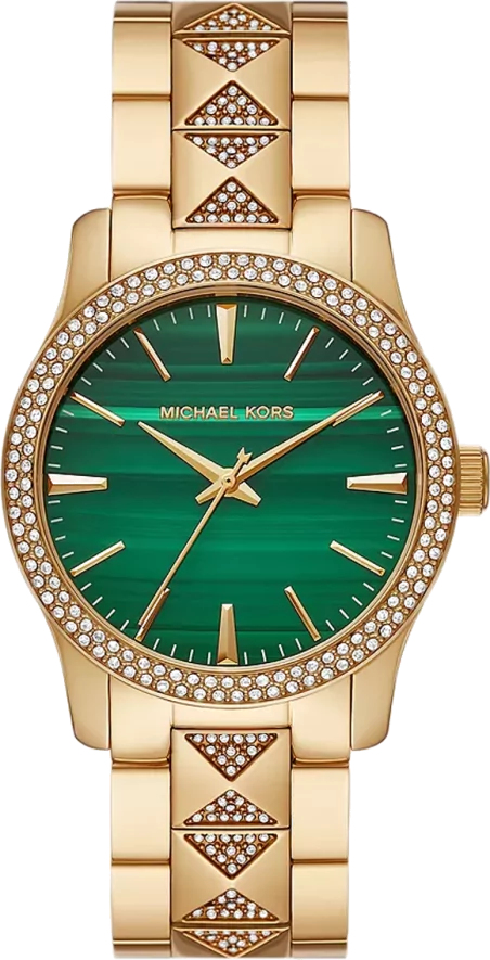 Michael Kors Runway Three Hand Green Dial Gold Steel Strap Watch For Women - MK7390