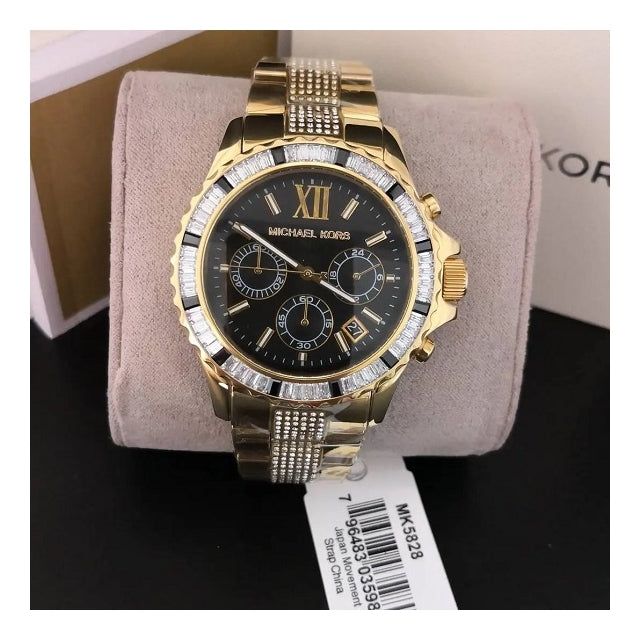 Michael Kors Everest Chronograph Black Dial Gold Steel Strap Watch For Women - MK5828