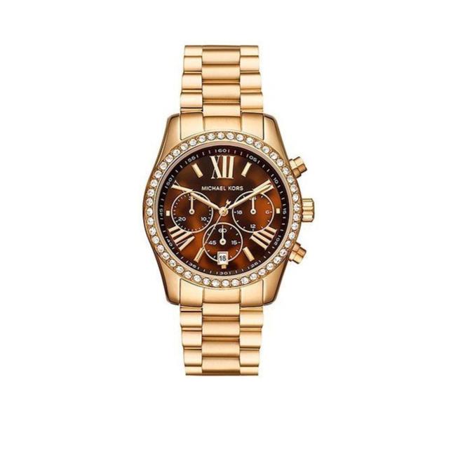 Michael Kors Lexington Chronograph Brown Dial Gold Steel Strap Watch For Women - MK7276