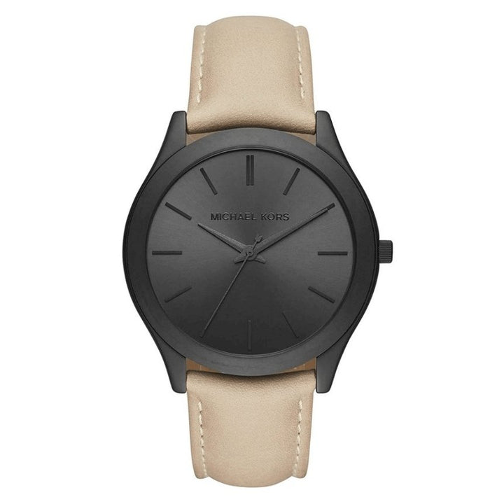 Michael Kors Slim Runway Black Dial Beige Leather Strap Watch For Men - MK8510