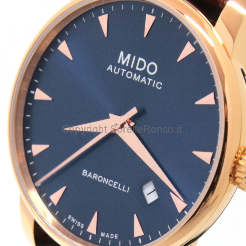 Mido Baroncelli III Automatic Blue Dial Brown Leather Strap Watch For Men - M8600.3.15.8