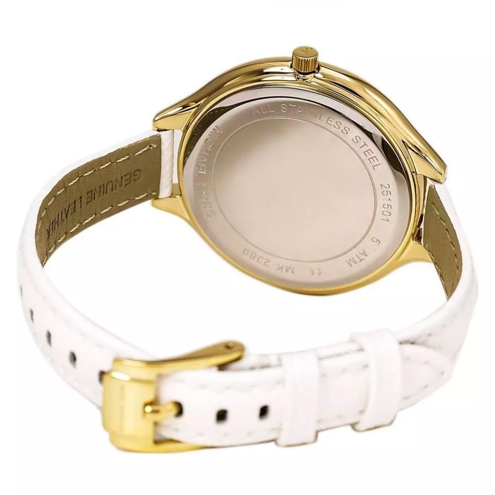 Michael Kors Slim Runway Quartz Gold Dial White Leather Strap Watch For Women - MK2389