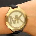 Michael Kors Slim Runway Quartz Gold Dial Black Leather Strap Watch For Women - MK2392