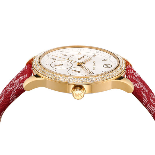 Michael Kors Tibby Multifunction Silver Dial Red Leather Strap Watch For Women - MK2975