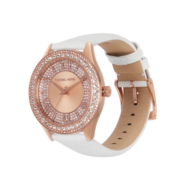 Michael Kors Harlowe Analog Rose Gold Dial White Leather Strap Watch For Women - MK2989