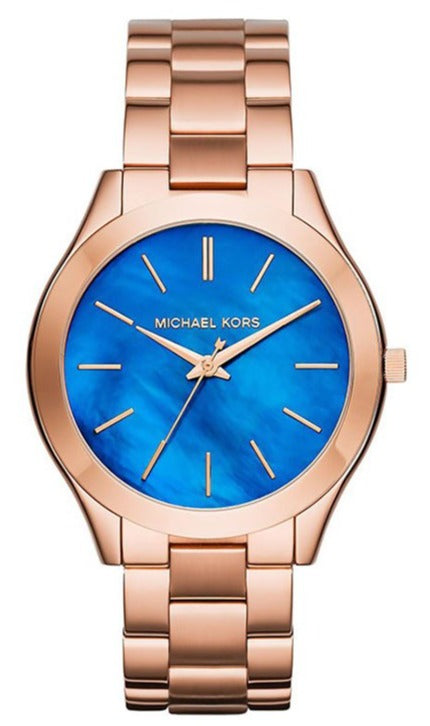 Michael Kors Slim Runway Quartz Blue Dial Rose Gold Steel Strap Watch For Women - MK3494