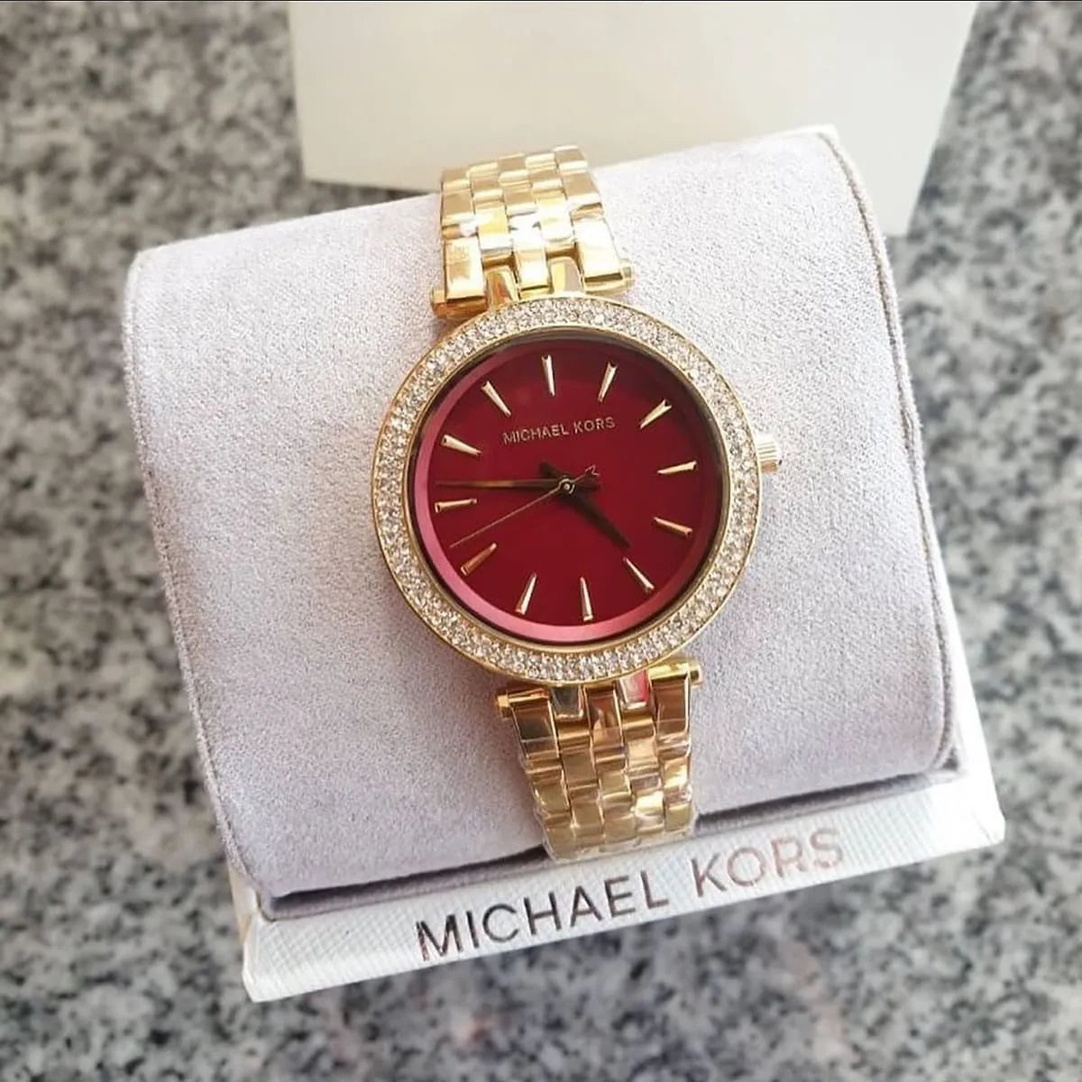 Michael Kors Darci Quartz Mother of Pearl Red Dial Gold Steel Strap Watch For Women - MK3583