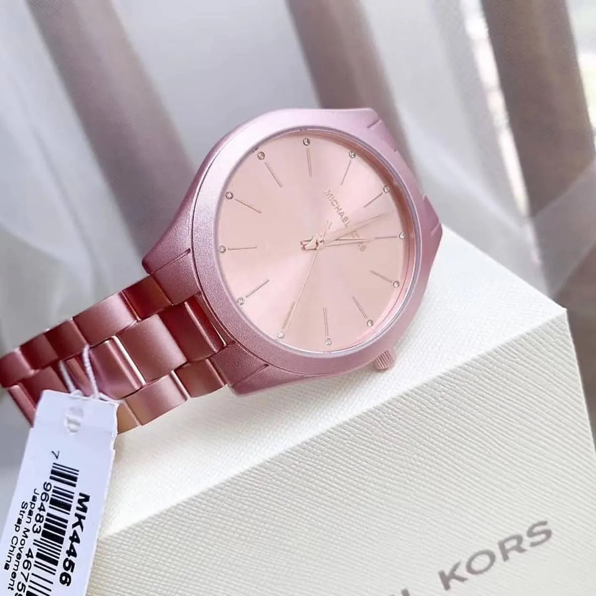 Michael Kors Slim Runway Pink Dial Pink Steel Strap Watch For Women - MK4456