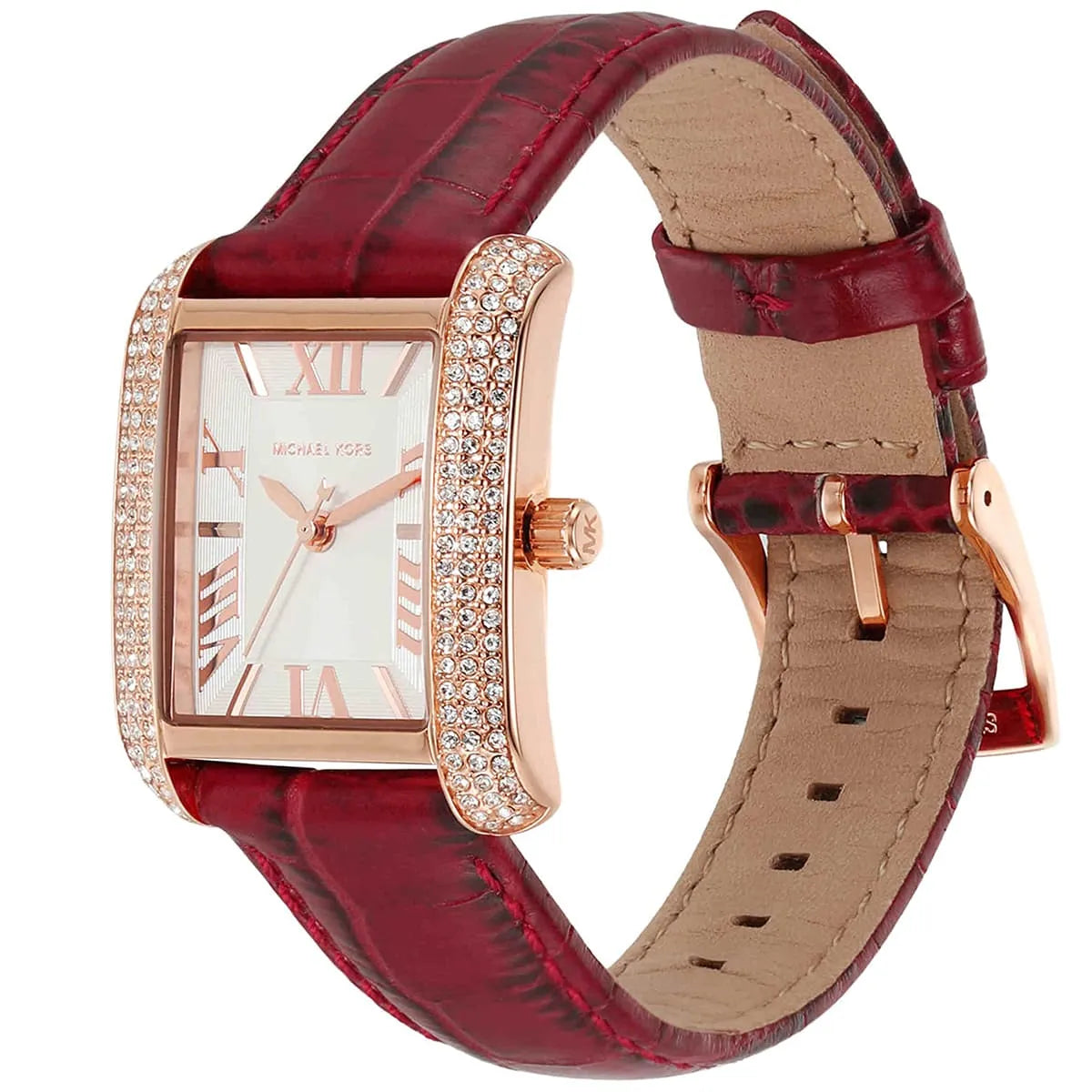 Michael Kors Emery Quartz Diamonds Silver Dial Red Leather Strap Watch For Women - MK4689