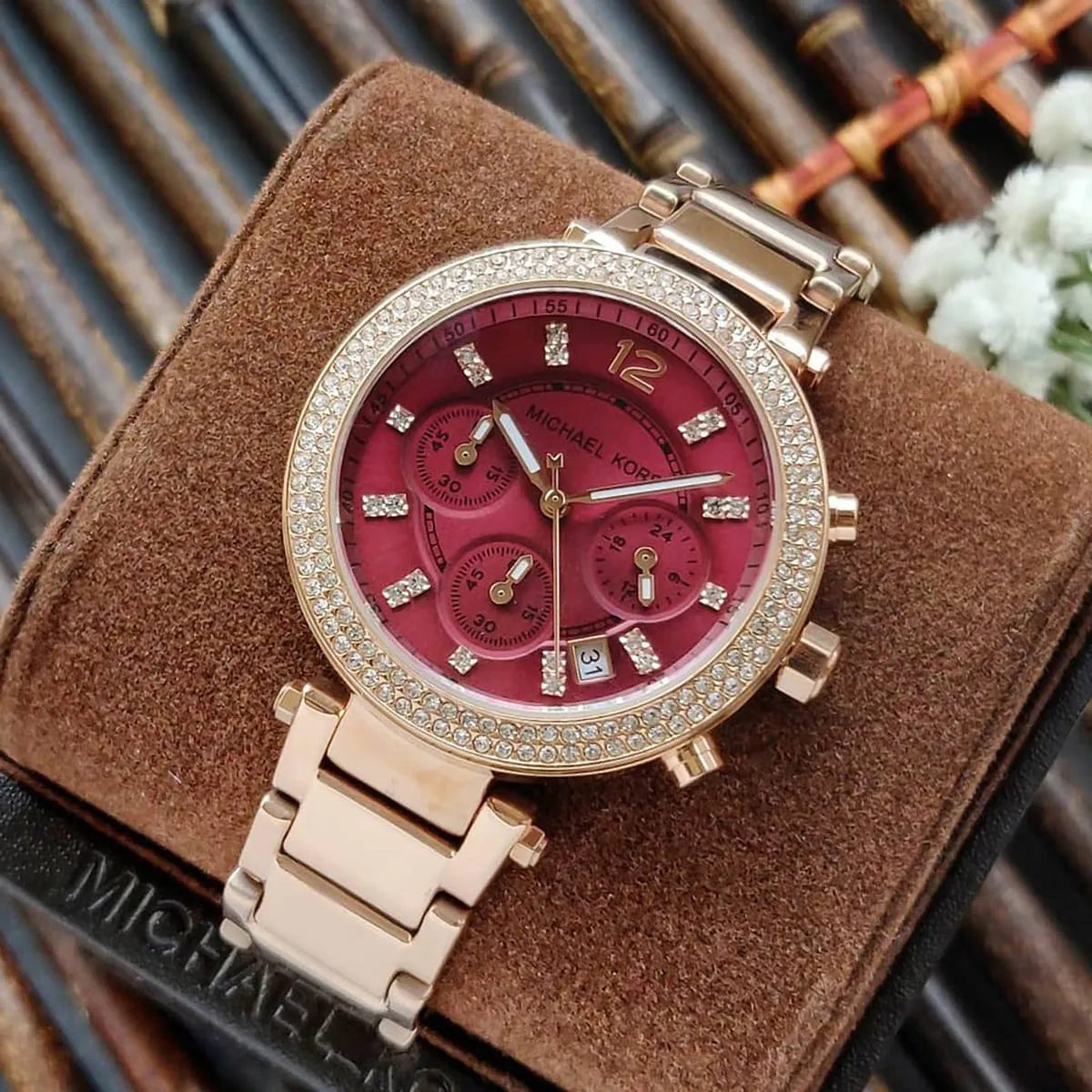 Michael Kors Parker Chronograph Red Dial Rose Gold Steel Strap Watch For Women - MK6106