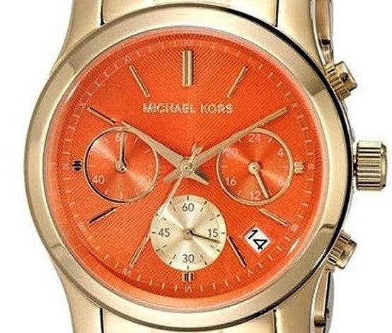 Michael Kors Runway Chronograph Orange Dial Gold Steep Strap Watch For Women - MK6162