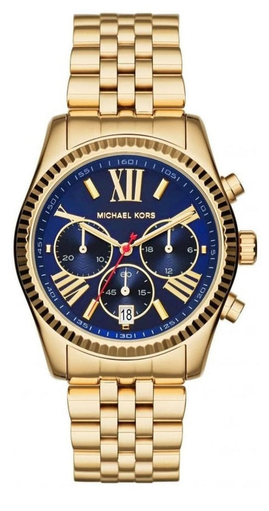Michael Kors Lexington Chronograph Blue Dial Gold Steel Strap Watch For Women - MK6206
