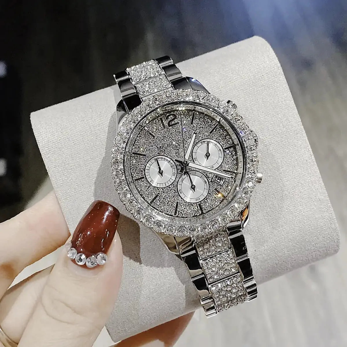 Michael Kors Layton Chronograph Silver Dial Silver Steel Strap Watch For Women - MK6976