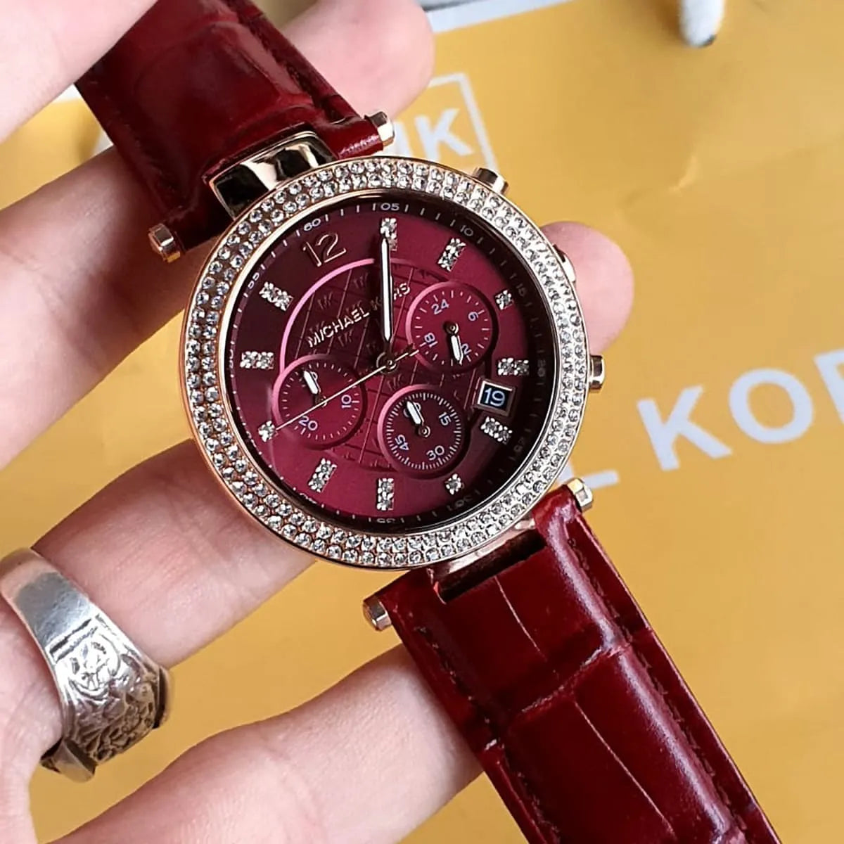 Michael Kors Parker Chronograph Red Dial Red Leather Strap Watch For Women - MK6986