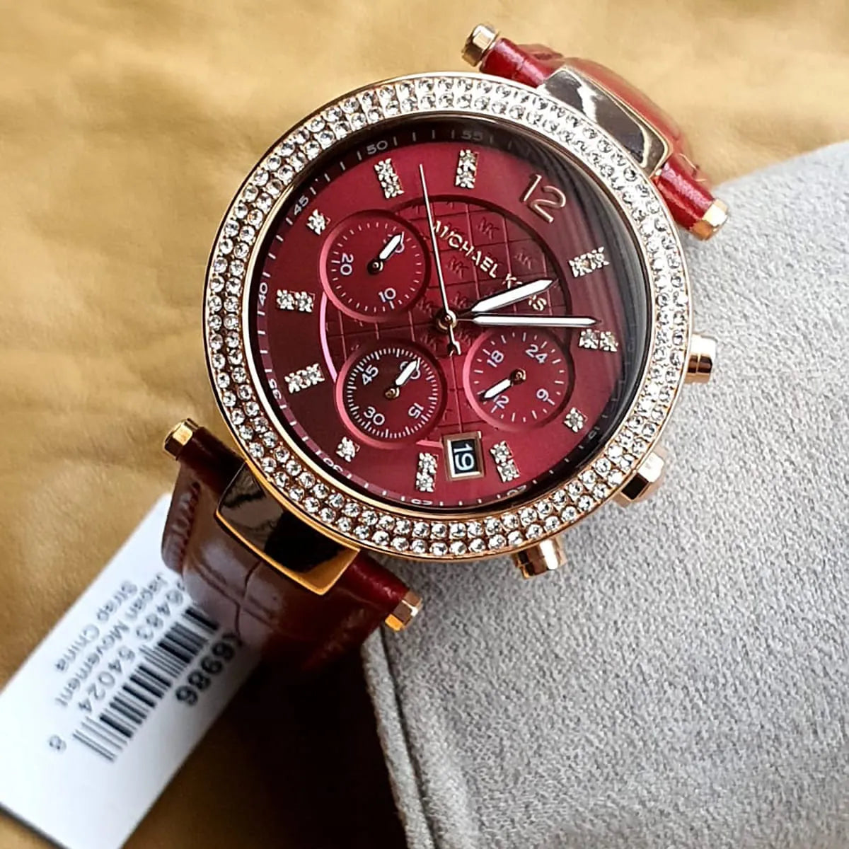 Michael Kors Parker Chronograph Red Dial Red Leather Strap Watch For Women - MK6986