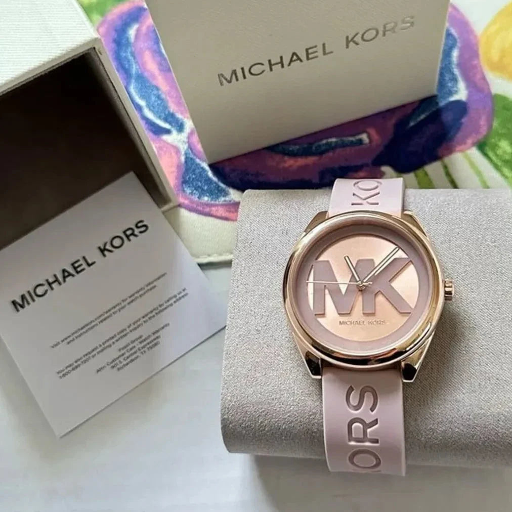 Michael Kors Janelle Three Hand Rose Gold Dial Pink Rubber Strap Watch For Women - MK7139