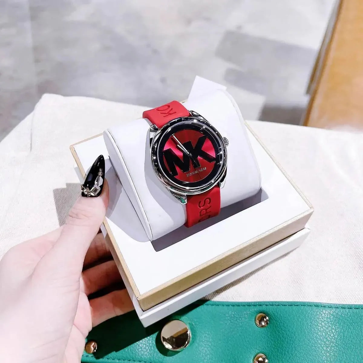 Michael Kors Janelle Three Hand Red Dial Red Rubber Strap Watch For Women - MK7144