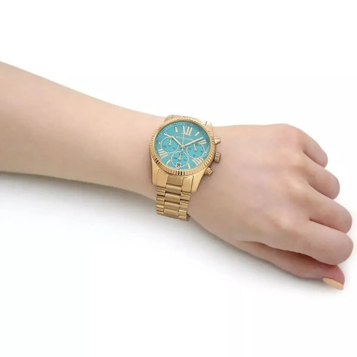 Michael Kors Lexington Chronograph Sky Blue Dial Gold Steel Strap Watch For Women - MK7216