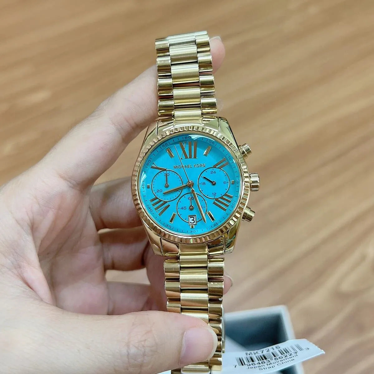 Michael Kors Lexington Chronograph Sky Blue Dial Gold Steel Strap Watch For Women - MK7216