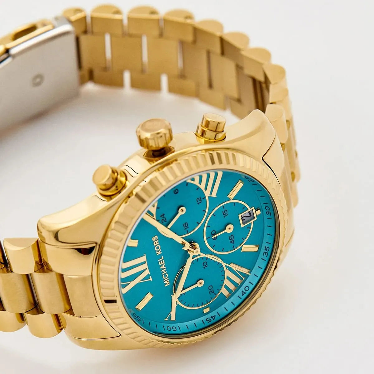 Michael Kors Lexington Chronograph Sky Blue Dial Gold Steel Strap Watch For Women - MK7216