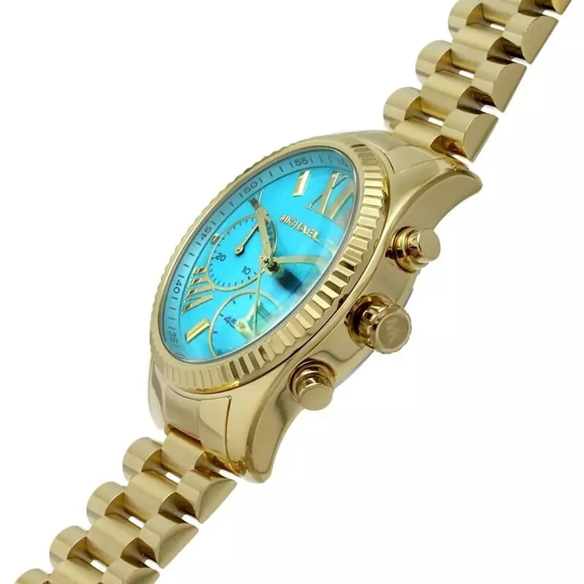 Michael Kors Lexington Chronograph Sky Blue Dial Gold Steel Strap Watch For Women - MK7216