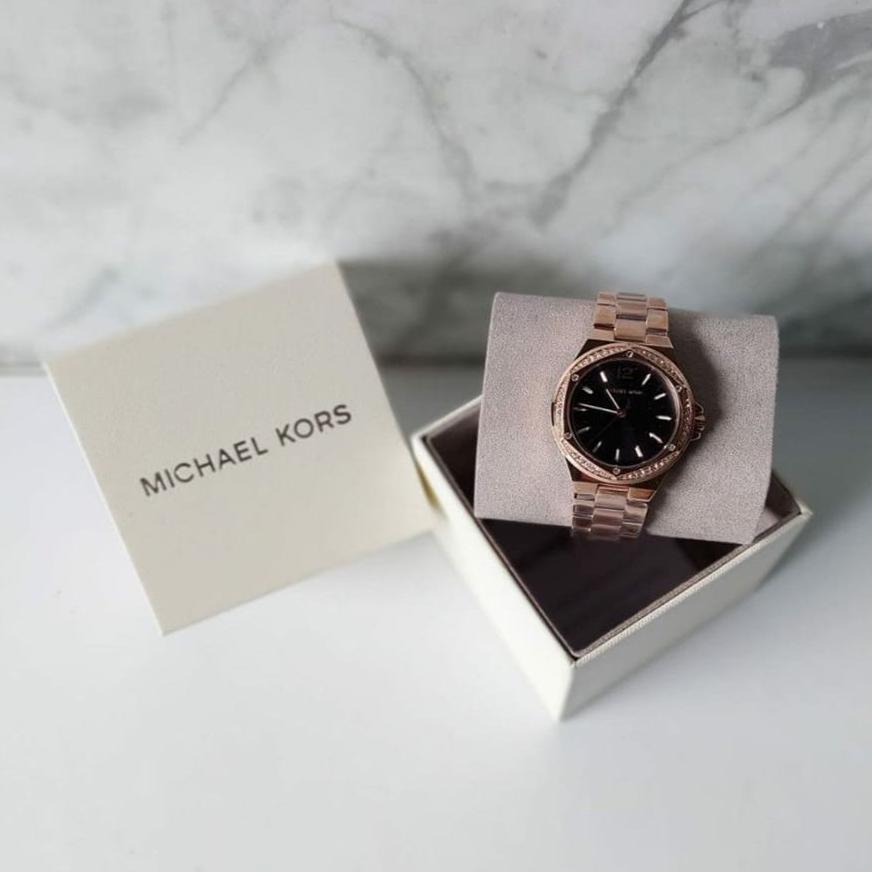 Michael Kors Lennox Three-Hand Black Dial Rose Gold Steel Strap Watch For Women - MK7233