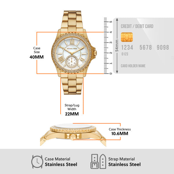 Michael Kors Everest Three Hand Mother of Pearl White Dial Gold Steel Strap Watch For Women - MK7401