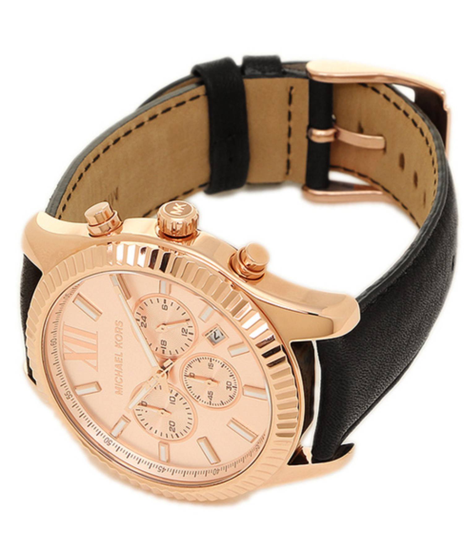 Michael Kors Lexington Chronograph Rose Gold Dial Black Leather Strap Watch For Men - MK8516