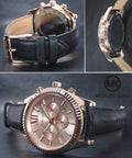 Michael Kors Lexington Chronograph Rose Gold Dial Black Leather Strap Watch For Men - MK8516