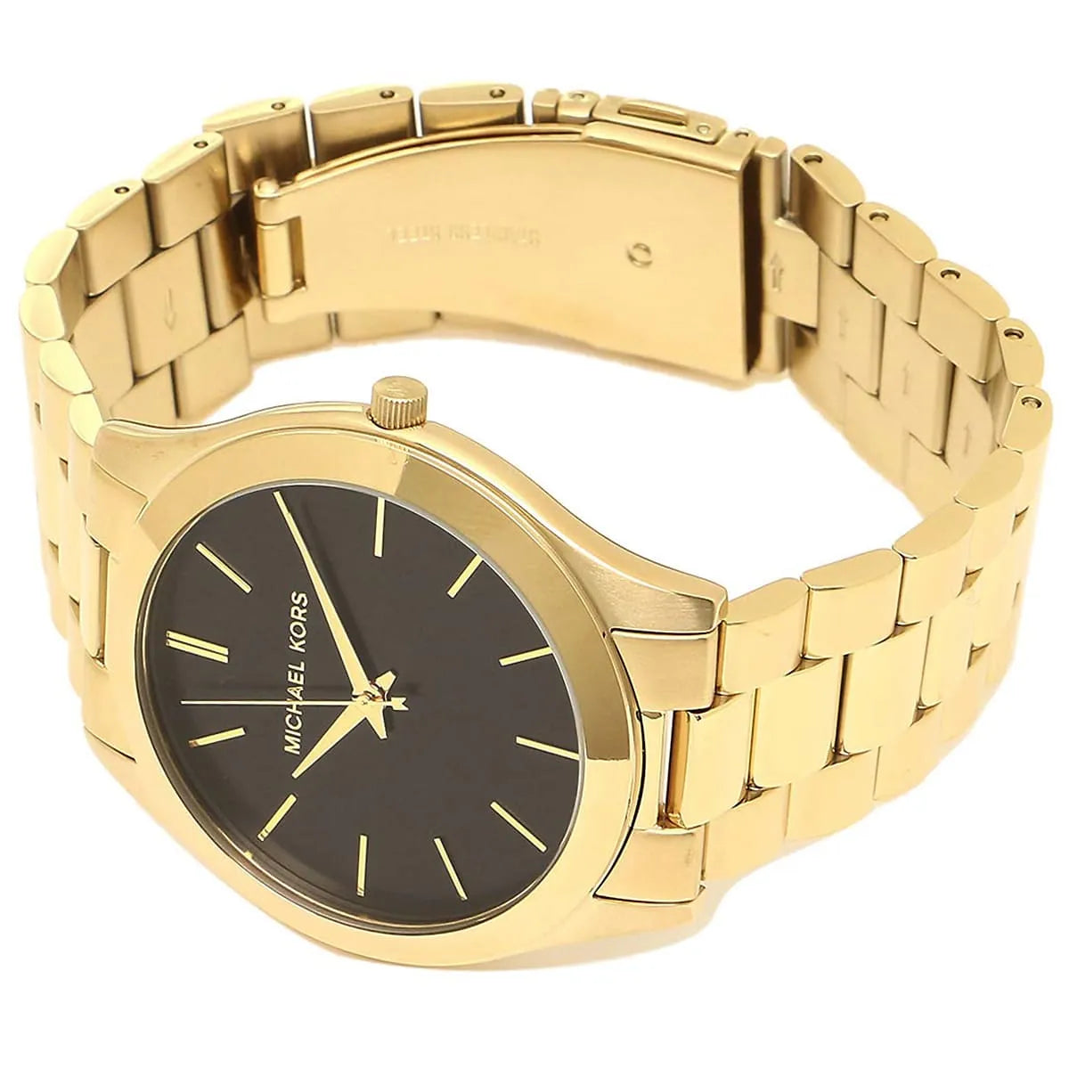 Michael Kors Slim Runway Quartz Black Dial Gold Steel Strap Watch For Men - MK8621