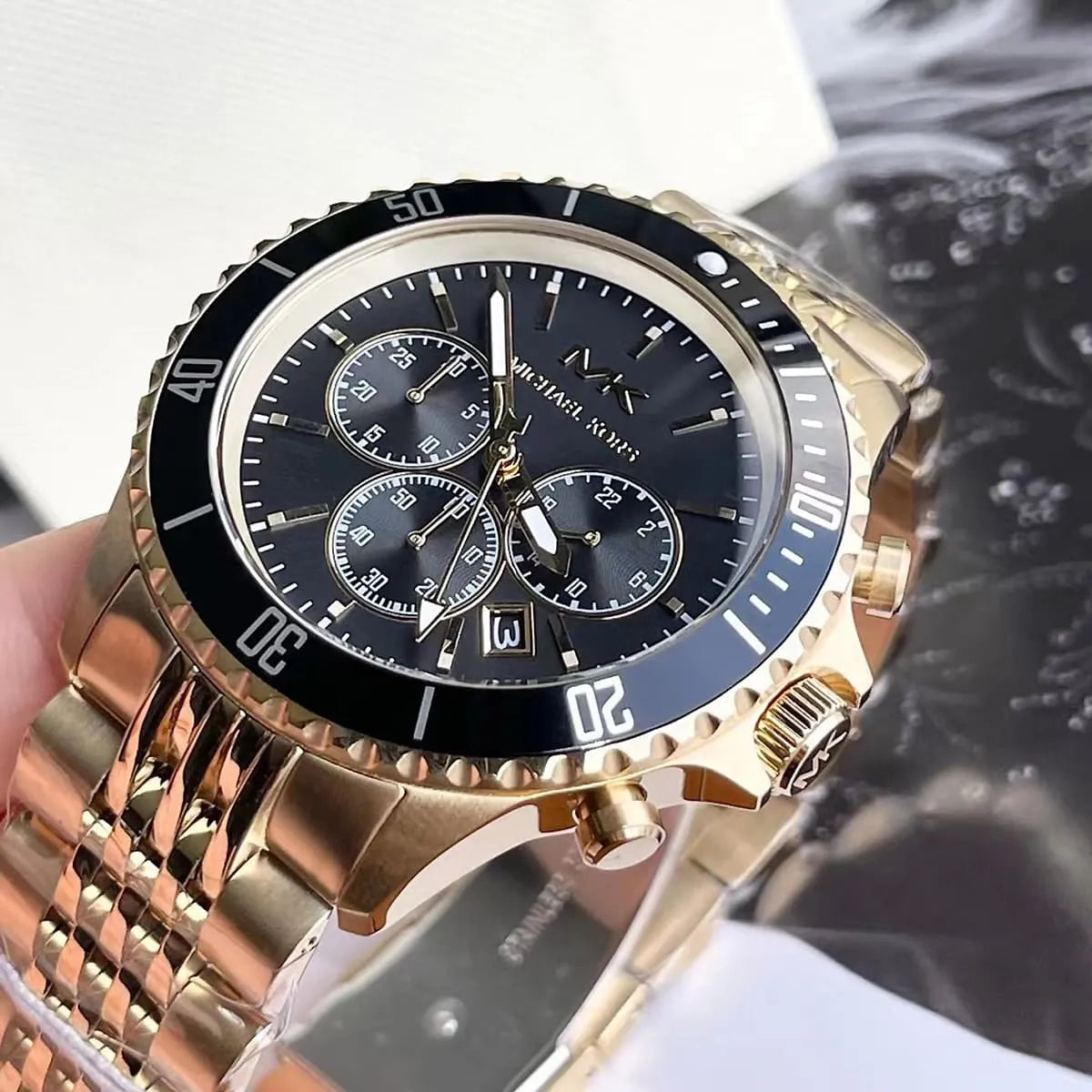 Michael Kors Bayville Chronograph Black Dial Gold Steel Strap Watch For Men - MK8726