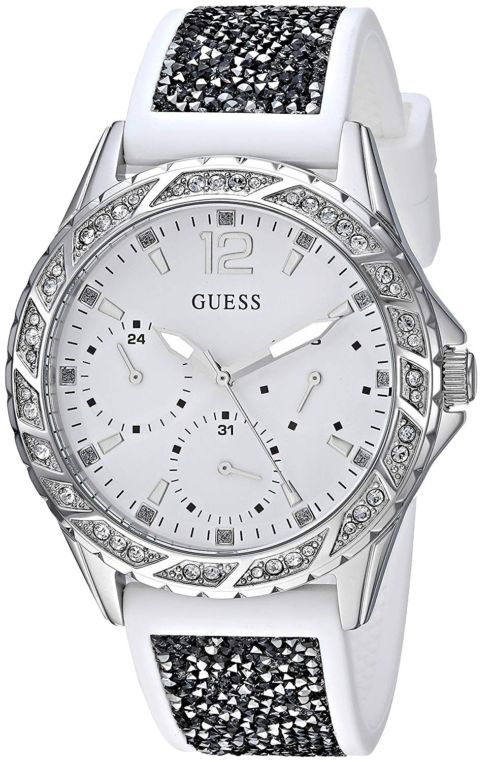 Guess Swirl Quartz Silver Dial White Silicone Strap Watch for Women - W1096L1