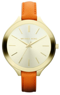 Michael Kors Runway Quartz Gold Dial Orange Leather Strap Watch For Women - MK2275