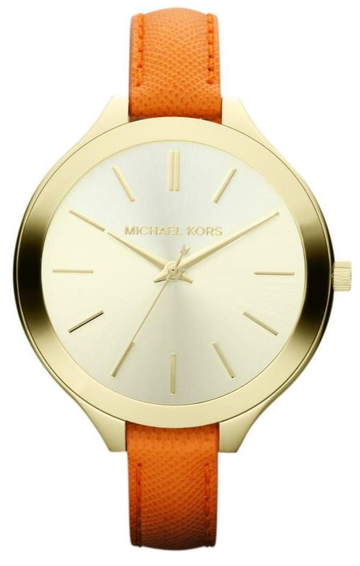 Michael Kors Runway Quartz Gold Dial Orange Leather Strap Watch For Women - MK2275