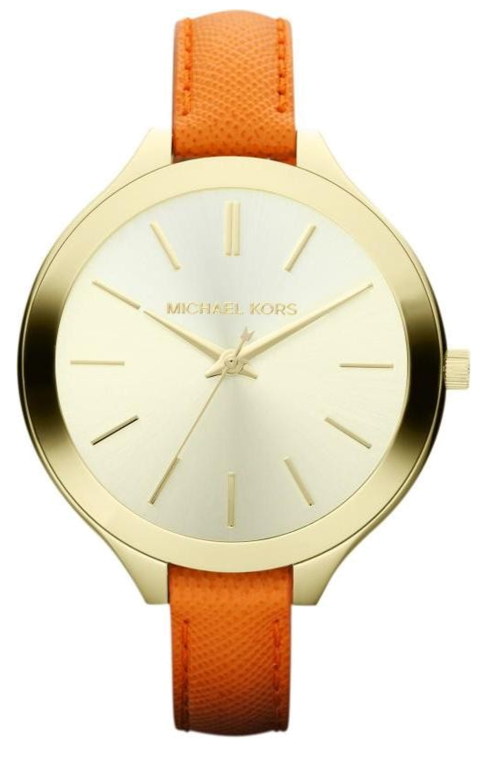 Michael Kors Runway Quartz Gold Dial Orange Leather Strap Watch For Women - MK2275
