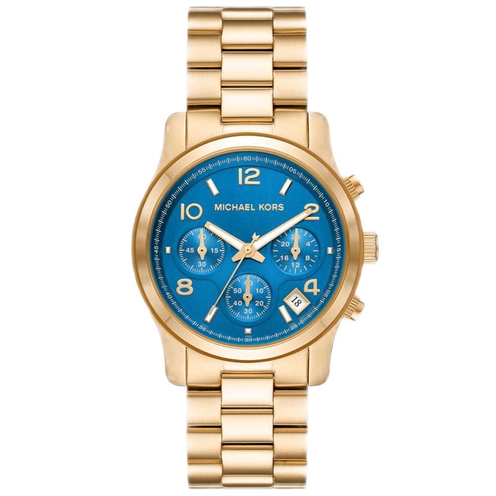 Michael Kors Runway Chronograph Blue Dial Gold Steel Strap Watch For Women - MK7353