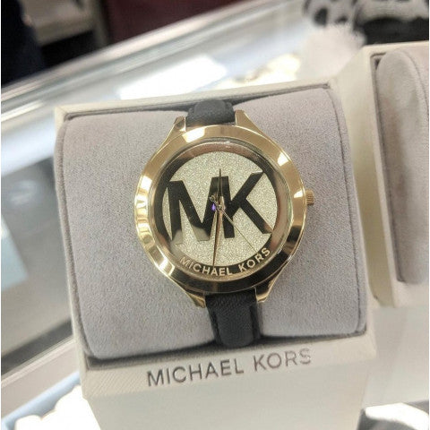 Michael Kors Slim Runway Quartz Gold Dial Black Leather Strap Watch For Women - MK2392