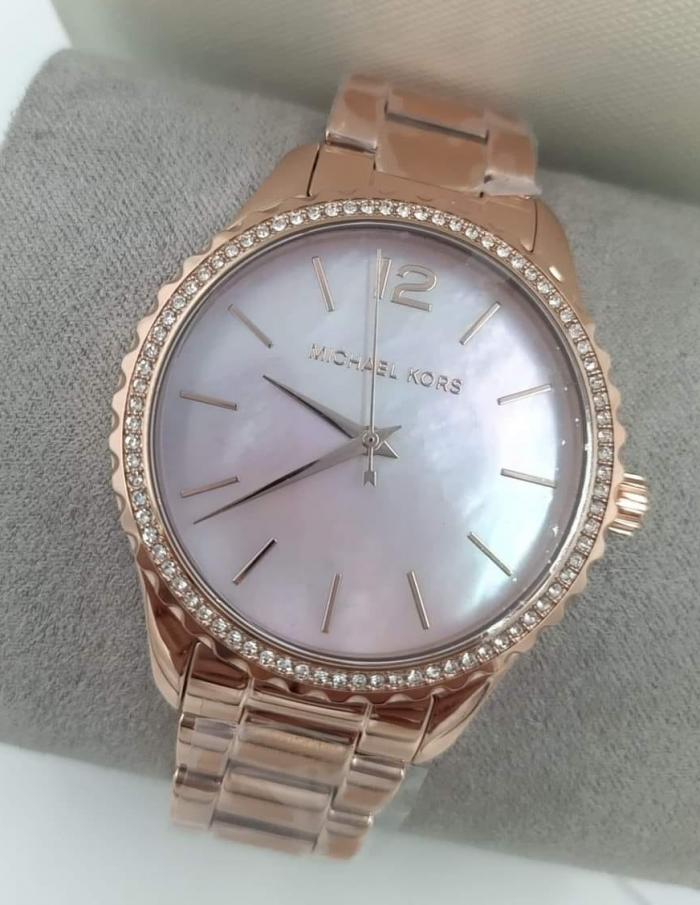 Michael Kors Layton Three Hand Pink Dial Rose Gold Steel Strap Watch For Women - MK6848