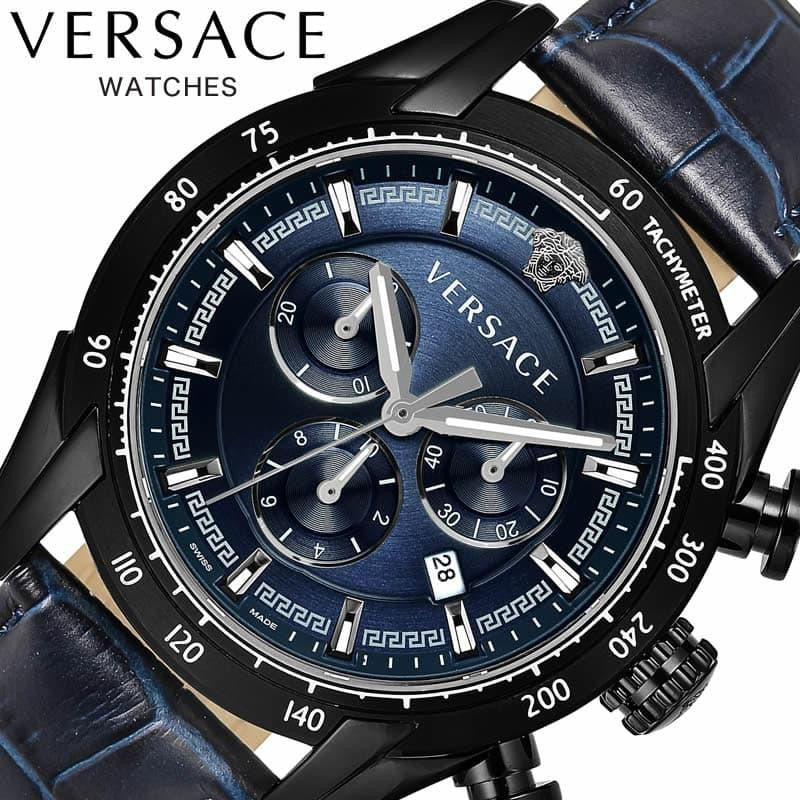 Versace V-Ray Chronograph Quartz Blue Dial Black Leather Strap Watch For Men - VEDB00418