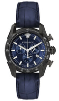 Versace V-Ray Chronograph Quartz Blue Dial Black Leather Strap Watch For Men - VEDB00418